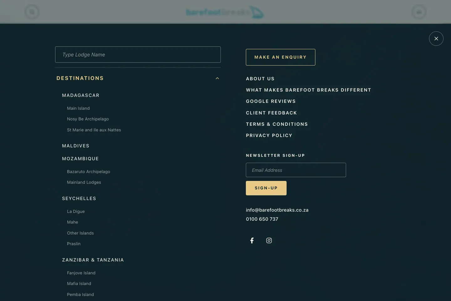 Barefoot Breaks fly-in menu
