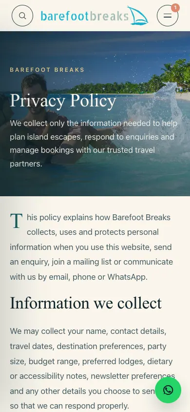 Barefoot Breaks mobile privacy page