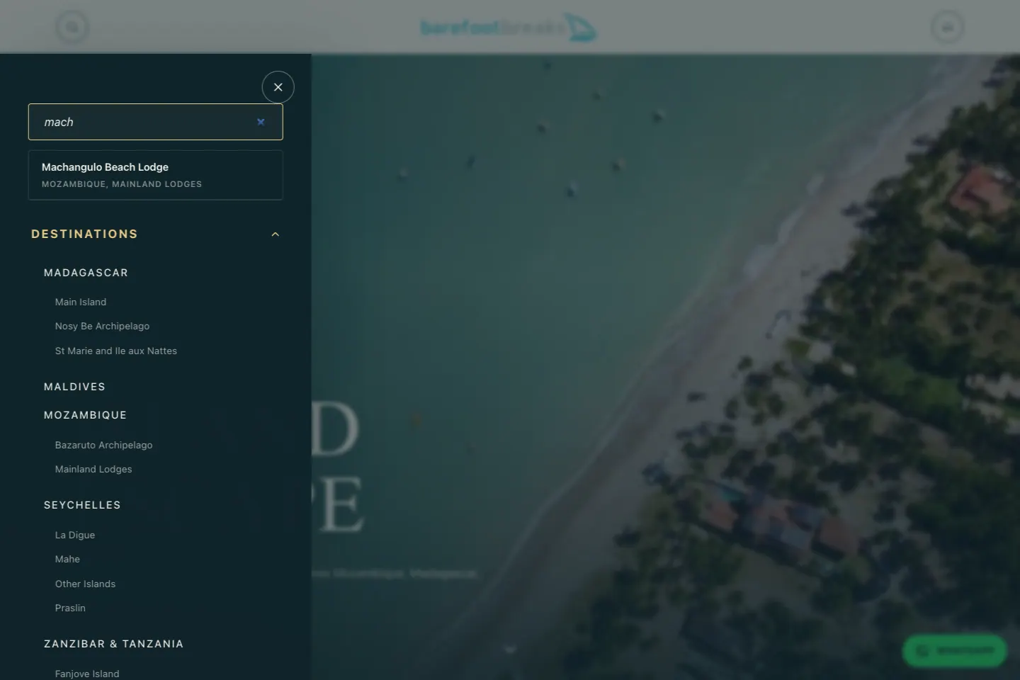 Barefoot Breaks lodge search drawer
