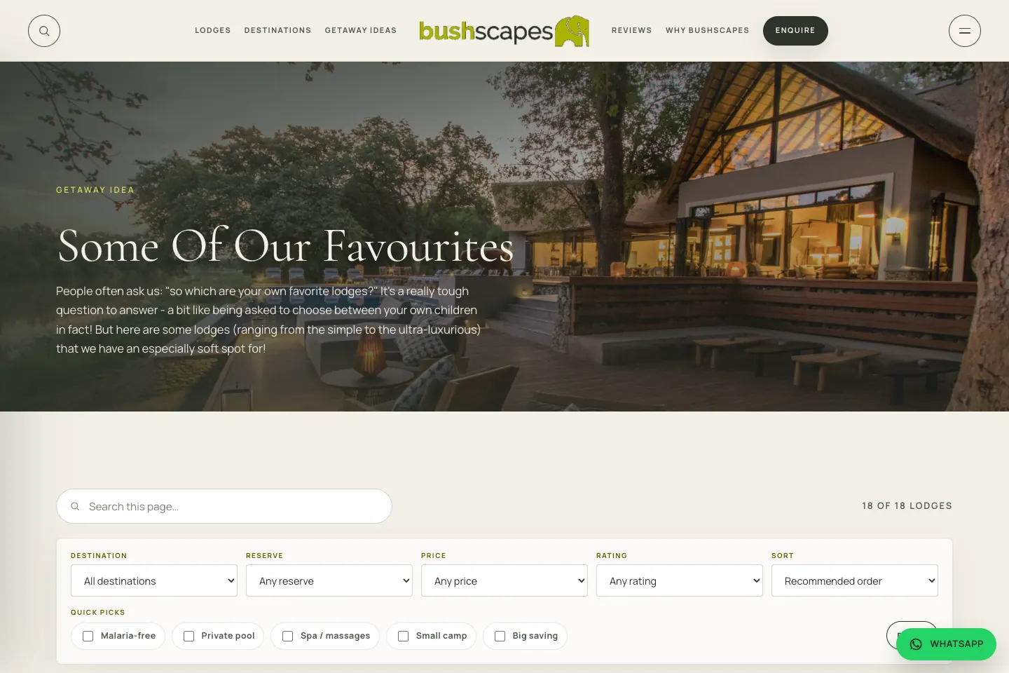 Bushscapes favourites and filters page
