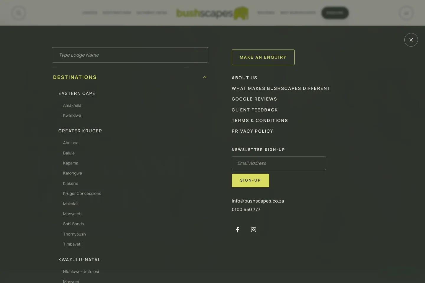 Bushscapes menu drawer screenshot